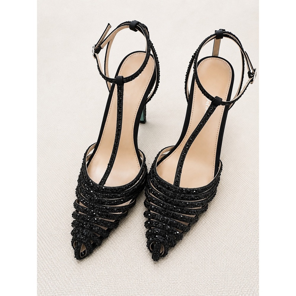 Betsey Johnson SB-ALLI Black Rhinestone T-Strap Pointed Toe Stiletto Pumps 8.5M